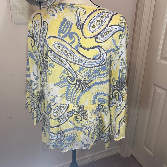 Yellow/blue pastel print Boho bell sleeve blouse - Picture 2 of 6